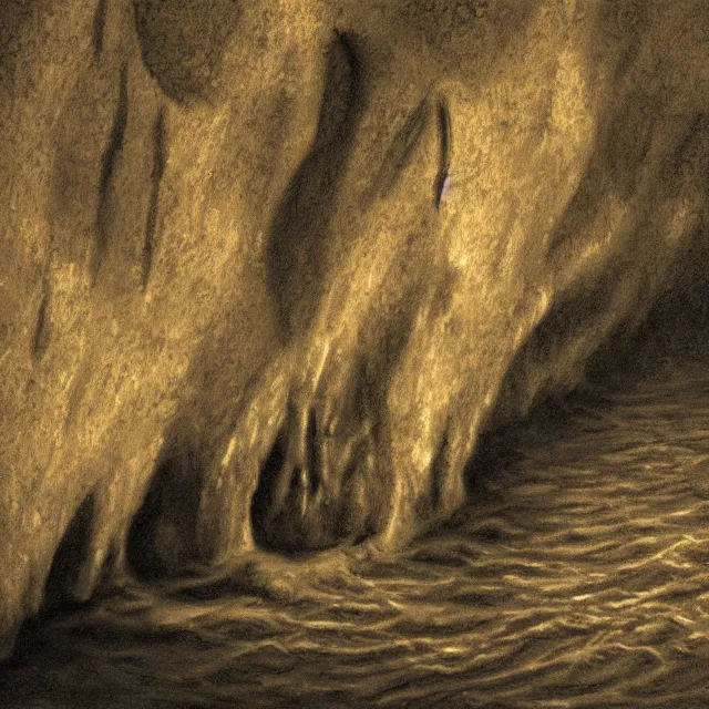 Image similar to photorealistic sepia painting of the mouth of a sea cave on the jamaican shoreline, dark, brooding, atmospheric, lovecraft