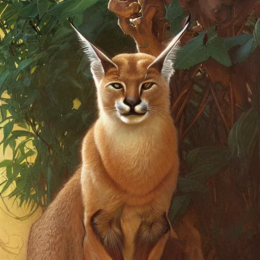 Image similar to portrait of a cute caracal, full body, intricate, elegant, highly detailed, digital painting, artstation, concept art, smooth, sharp focus, illustration, art by artgerm and greg rutkowski and alphonse mucha and william - adolphe bouguereau