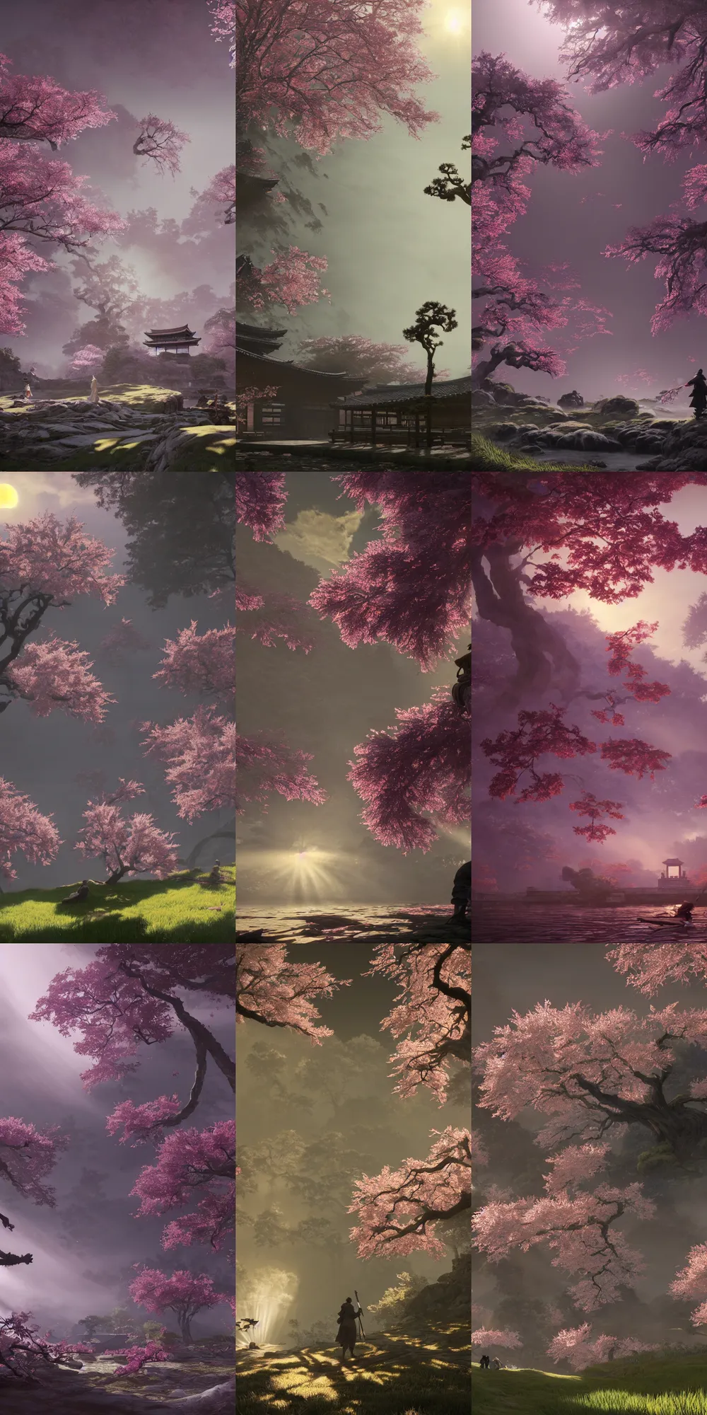 Prompt: A still from the game Sekiro, ancient Japanese architecture, giant cherry trees, god rays, bloom, volumetric fog, moody ambiance, cinematic lighting, twilight, sunset, rose and lavender and amber tones, Maxfield Parrish, Brom, Caravaggio, Da Vinci, Rubens, fantasy, portfolio illustration, highly detailed, trending on Artstation, CGsociety, HQ, 8k, 35mm lens, f2.8, Bokeh,