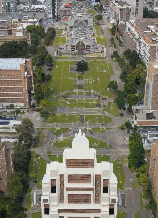 Image similar to isometric artdeco cathedral by frank lloyd wright, shot from drone, painted by piet mondrian