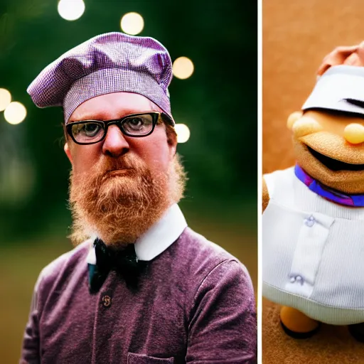 Image similar to real life photo of the Swedish chef from the muffins, portrait, photography, 200mm, lens flare, bokeh