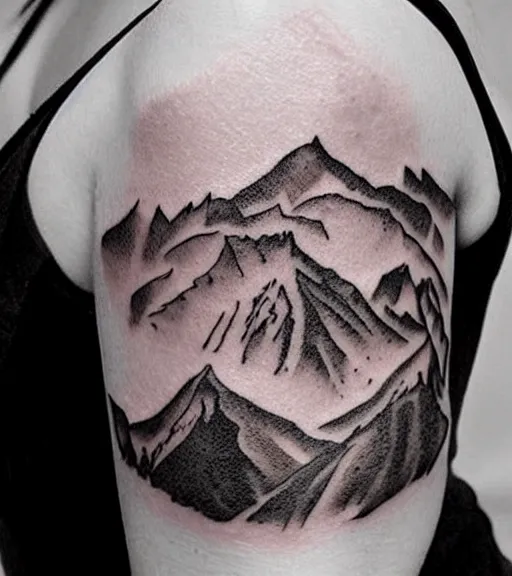 Image similar to creative double exposure effect tattoo design sketch of margot and beautiful mountains and nature, mountain scenery, realism tattoo, in the style of matteo pasqualin, amazing detail, sharp