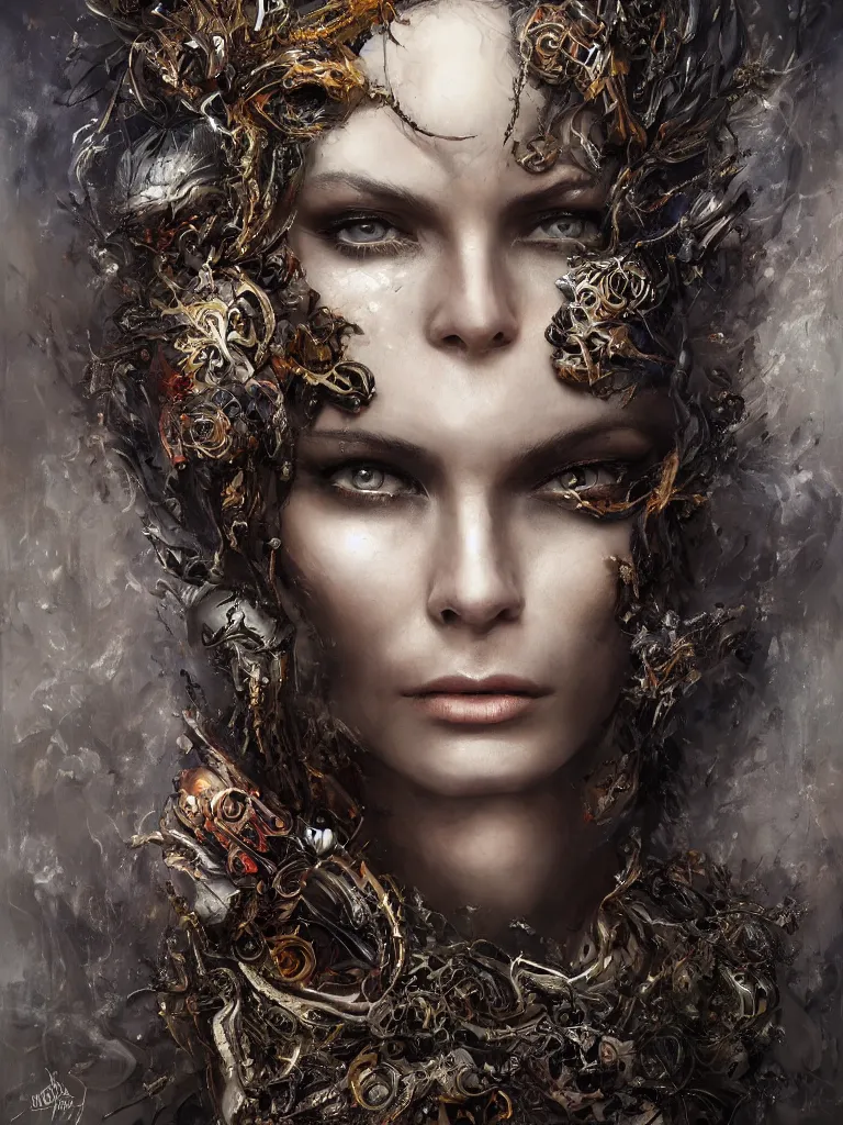 Image similar to single face portrait. very complex hyper-maximalist overdetailed cinematic darkfantasy portrait of an elegant very attractive but dangerous and wild female ent lady by andrei riabovitchev, tomasz alen kopera, oleksandra shchaslyva. Omnious intricate. Focus on face. Artstation. Deviantart. 8k 4k 64megapixel. Rendered by binx.ly. discodiffusion style portrait.