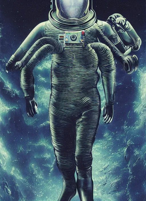 Image similar to astronaut in dark void underwater - complex and hyperdetailed technical suit design. reflection and dispersion materials. rays and dispersion of light. volumetric light. f / 3 2. noise film photo. flash photography. ultra realistic, 5 0 mm. poster by wayne barlowe, hajime sorayama aaron horkey, craig mullins