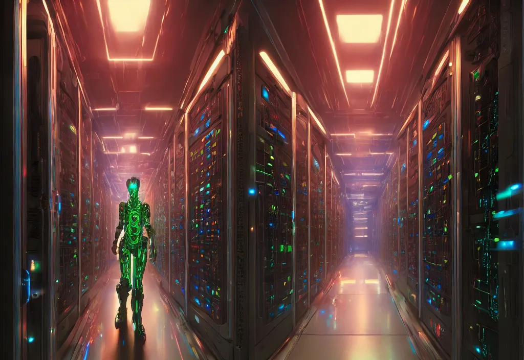 Image similar to art by finnian macmanus, shot of film cyborg walking in server room in data center, character design, vivid color, extreamly detailed, detailed, high quality, composision, trending on artstation, volumetric lighting, dramatic lighting