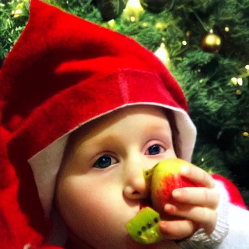 Prompt: a friendly elf eating an apple in the womb.