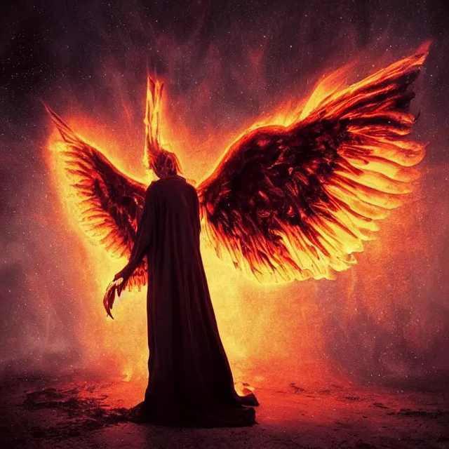 Image similar to a demon with huge nacreous fire wings, standing in shadows of the cosmic glowing sun behind, realistic horrors, cosmic dark vibes evil incarnate, photo pic by hyperrealism