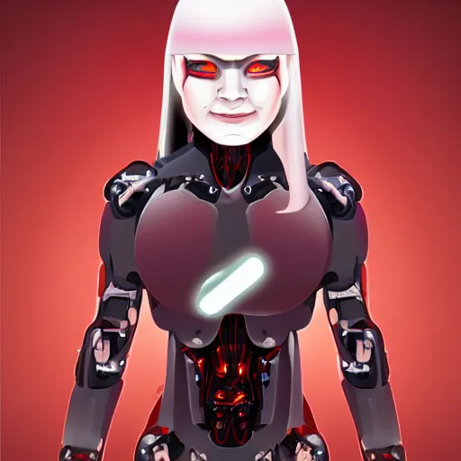 Image similar to a muscular female cyborg ( 8 0 % machine, 2 0 % human ) with glowing red eyes and an evil smile, repairing herself, science fiction themed, pixiv, vector art