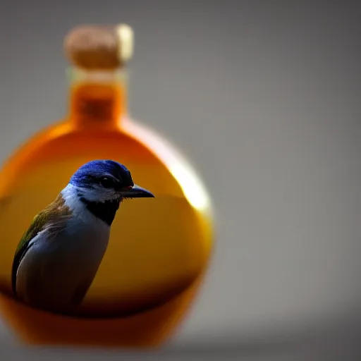 Prompt: bird in a bottle, award winning photography, hyper realistic, 4 k