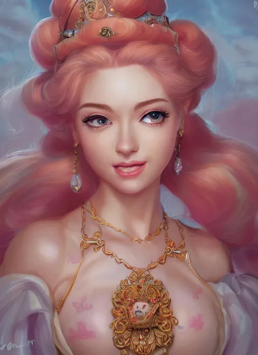 Image similar to portrait Princess Peach as of the Goddess of Wisdom, elegant, intricate, rococo full frontal shot, highly detailed, digital painting, artstation, concept art, sharp focus, illustration, art by artgerm