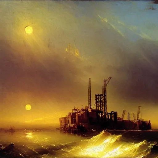 Image similar to post apocalyptic oil rig by aivazovsky, oil on canvas, highly detailed, masterpiece painting