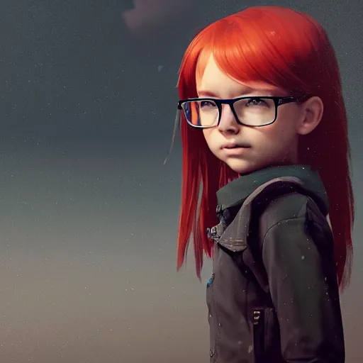 Prompt: A young girl with glasses looking to a rainy sky, designed by Peter Andrew Jones and Pixar, photorealistic, 3d render, award winning render, unreal engine, octane render, studio lighting, 8k, hd, Dustin Nguyen, Akihiko Yoshida, Greg Tocchini, Greg Rutkowski, Cliff Chiang