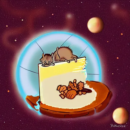 Image similar to a squirel in space eating a cheesecake, digital art