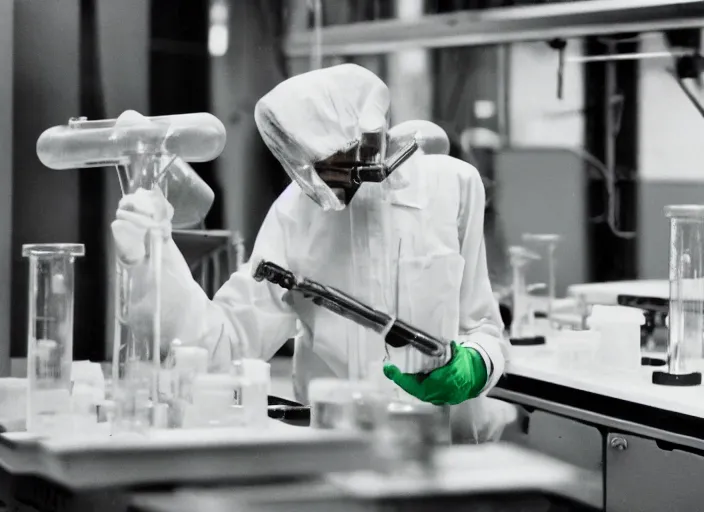 Prompt: film still of a heron working in a research lab filling test tubes, 8 k