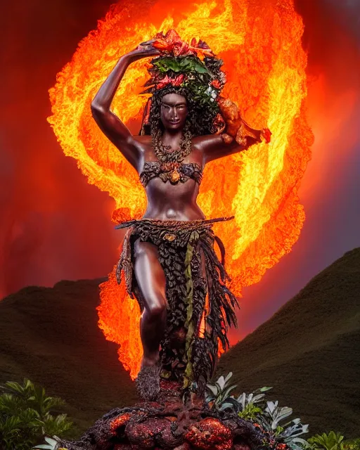 Prompt: 5 5 mm portrait photo of pele a hawaiian fire goddess holding molten lava standing in cauldera of volcanoe, wreath of anthuriums around her head and waist. by luis royo. highly detailed 8 k. intricate. lifelike. soft light. nikon d 8 5 0. cinematic post - processing