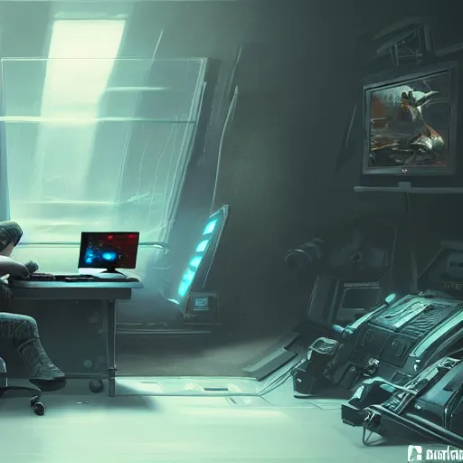 Image similar to realistic man using laptop in gaming room, artstation trends, sci fi concept art, highly detailed, intricate, sharp focus, digital art, 8 k