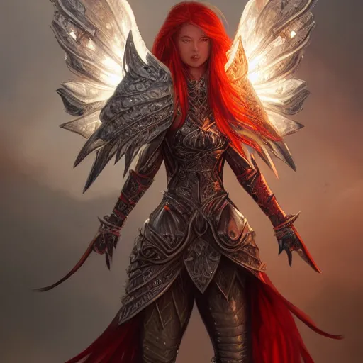 Prompt: a epic illustration of a tall female warrior with massive plate armour by Stanley Artgerm Lau, Diego Gisbert Llorens, Mark Brooks, Charlie Bowater, no helmet, big white glowing wings, long red hair, insanely detailed and intricate, vivid and vibrant, highly detailed, cinematic lighting, concept art, artstation