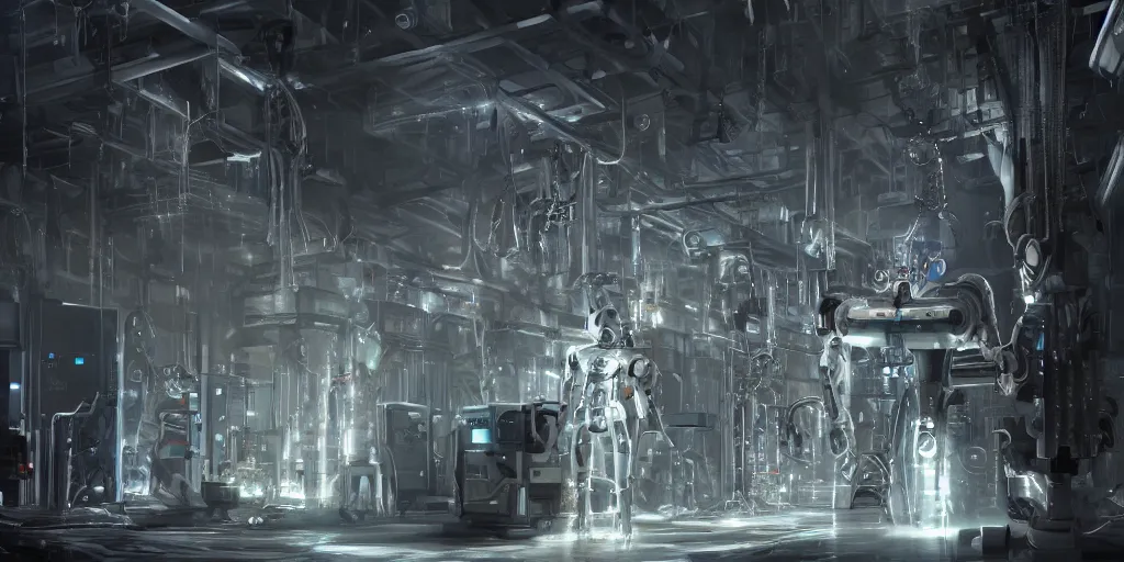 Image similar to robot bionical parallax volumetric coherent colossal ruined server room in datacenter portrait symmetrical face by eddie mendoza blender robot figure automata drone robot welder posing pacing fixing mono sharp focus, emitting diodes, racks, system unit, artstation cgsociety artofmtg hyperrealism cinematic dramatic painting concept art of detailed character design