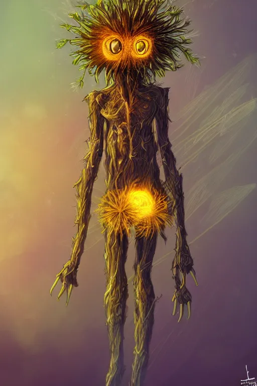 Image similar to a humanoid figure dandelion plant monster, amber eyes, highly detailed, digital art, sharp focus, ambient glow, trending on art station, anime art style