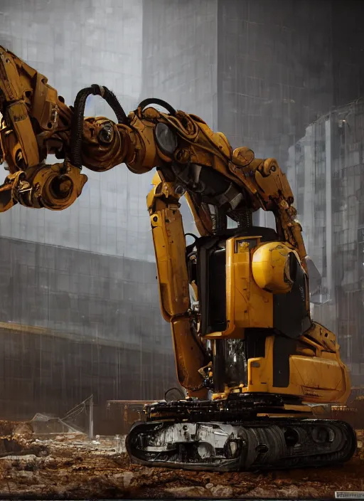 Image similar to a photorealistic dramatic hyperrealistic render of a futuristic exosuit power excavator heavy machinery, ultra realistic details, glossy yellow, well worn, rust, oil stains by vitaly bulgarov and mike nash, beautiful dramatic dark moody tones and lighting, cinematic atmosphere, studio lighting, global illumination, shadows, dark background, octane render, 8 k