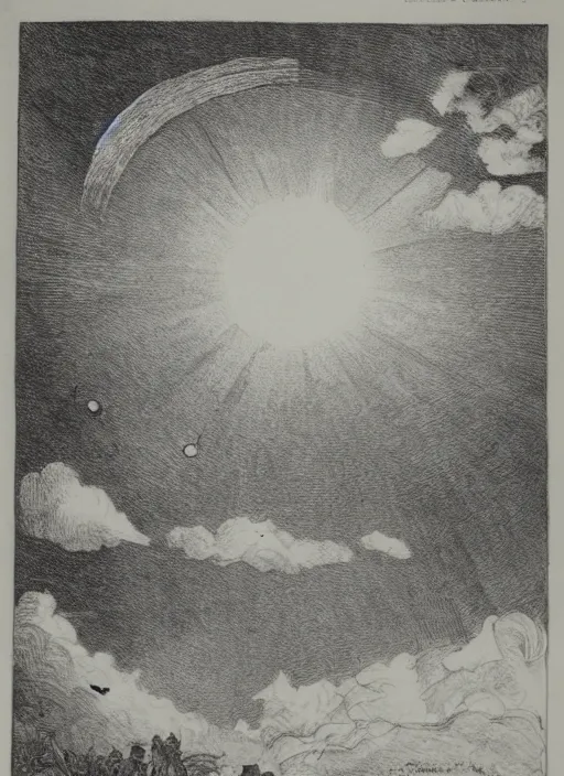 Image similar to day sky, sun prominently in the center, surrounded by clouds, landscape, illustrated by peggy fortnum and beatrix potter and sir john tenniel