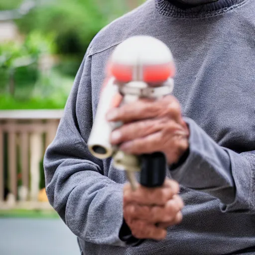 Prompt: elderly man with lightsaber, nursing home, canon eos r 3, f / 1. 4, iso 2 0 0, 1 / 1 6 0 s, 8 k, raw, unedited, symmetrical balance, wide angle