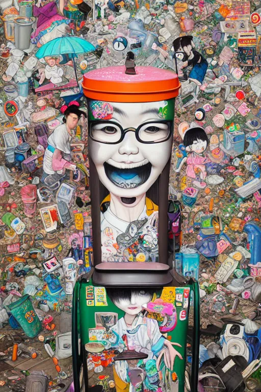 Image similar to full view, from a distance, of anthropomorphic taiwanese trashcan full of trash, style of yoshii chie and hikari shimoda and martine johanna, highly detailed