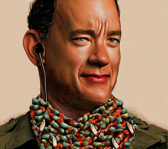 Prompt: Tom hanks as forrest gump wearing a necklace made out of shrimps around the neck, realistic face, digital art, in the style of Raphael Lacoste, amazing detail, artstation, long shot