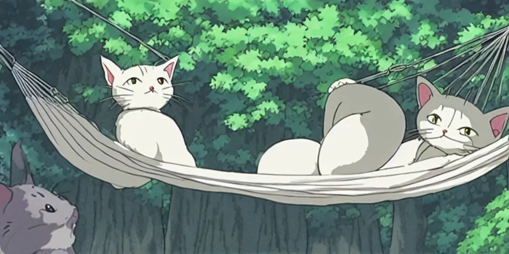 Image similar to grey european shorthair cat sleeping on a hammock, anime still by studio ghibli, by hayao miyazaki