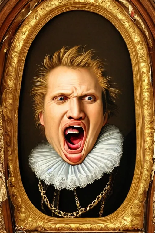 Image similar to a 1 6 0 0 s framed portrait painting of gary busey screaming, intricate, elegant, highly detailed