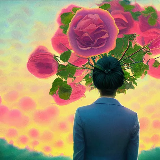 Image similar to closeup, giant rose flower head, frontal, girl in a suit, surreal photography, sunrise, dramatic light, impressionist painting, digital painting, artstation, simon stalenhag