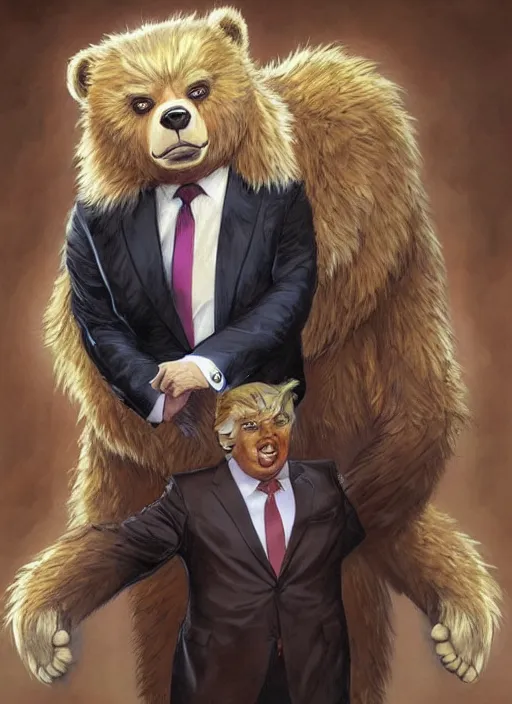 Image similar to donald trump in a bear fursona suit, by artgerm, by mucha, by greg rutkowski