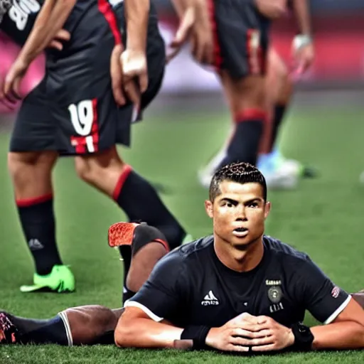 Image similar to ronaldo in a game laying down because he's tired and his teammates are angry at him