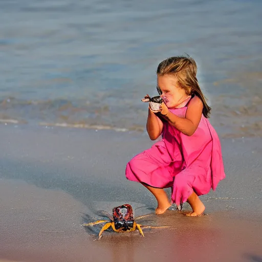 Image similar to of little girl raiding on crab on the beach.