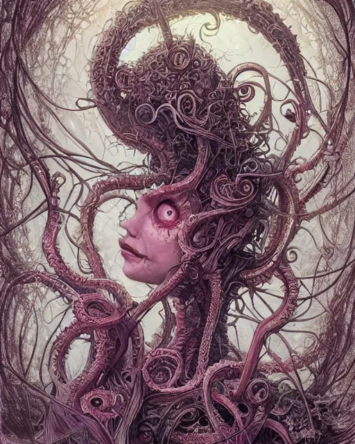 Prompt: centered beautiful detailed side view profile portrait of a dead, crazed, mad old woman, ornate tentacles growing around, ornamentation, thorns, vines, tentacles, elegant, beautifully soft lit, full frame, by wayne barlowe, peter mohrbacher, kelly mckernan, h r giger