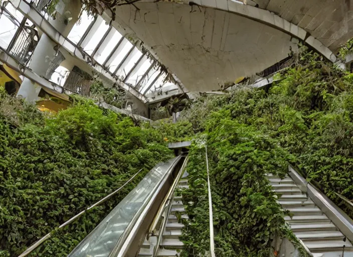 Image similar to an escalator in an abandoned mall in the 1 9 8 0 s, taken over by nature, covered in vines, brutalism