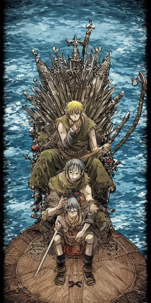 Image similar to a lone king sitting on a throne floating on water in the middle of a lake drawn by Makoto Yukimura in the style of Vinland saga anime, full color