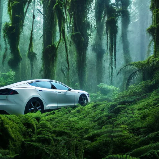 Prompt: A cinematographic 30mm shot of crashed white tesla cars resembling skeletons of whales outgrown by moss, vines and ferns, submerged in a lush and dense forest, dusk light filtering from the trees below. The scene is apocalyptic, eerie but serene, volumetric, 8k, high resolution