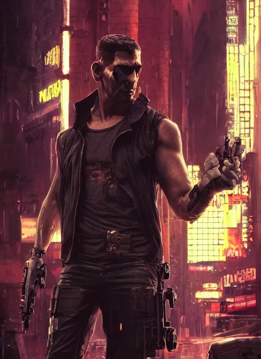 Image similar to cyberpunk version of the punisher walking into a cyberpunk nightclub (blade runner 2049, cyberpunk 2077). Orientalist portrait by john william waterhouse and James Gurney and Theodore Ralli and Nasreddine Dinet, oil on canvas. Cinematic, hyper realism, realistic proportions, dramatic lighting, high detail 4k