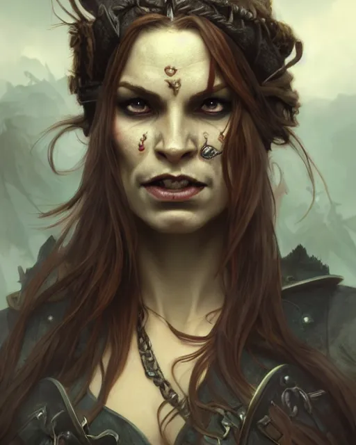 Prompt: a female orc pirate captain, fantasy character portrait, moody weather, ultra realistic, intricate, elegant, highly detailed, digital painting, artstaion, smooth, sharp, focus, illustration, art by artgerm and greg rutkowski and alphonse mucha