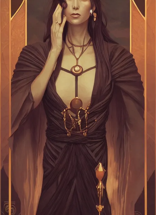 Image similar to tarot!!, high priestess, no noise, elegant, concept art, sharp focus, beautiful face!!, digital art, smooth defined outlines!!, human anatomy, human structure, vector background, dark fantasy, by Brom, trending on Artstation, Tom Bagshaw, Sargent