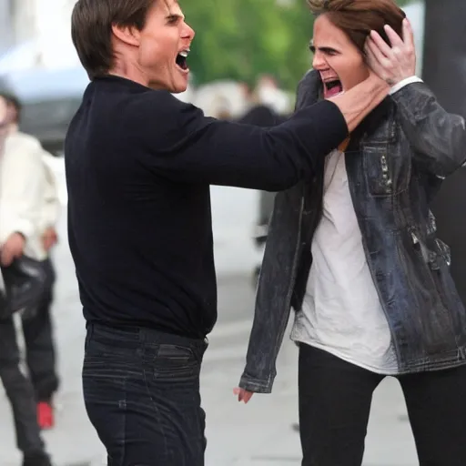 Prompt: tom cruise screaming and jumping on emma watson