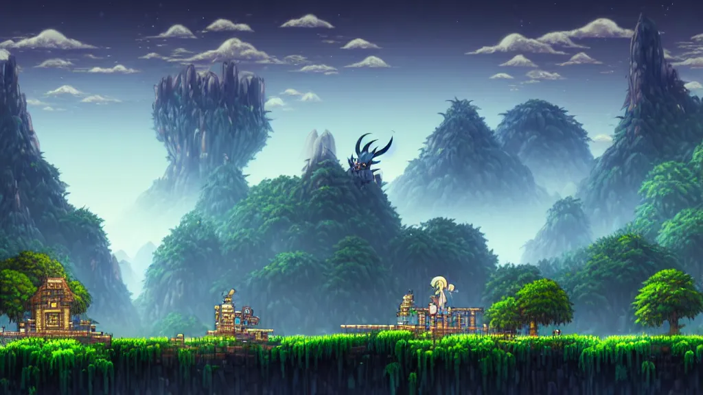 Image similar to side scrolling landscape sotn, studio ghibli, pixar and disney animation, sharp, rendered in unreal engine 5, highly detailed, digital painting, artstation, terraria, hollow knight, smooth, sharp focus, illustration, wide angle, wallpaper, splash art, promo art, dramatic lighting, art by artgerm and greg rutkowski and bo chen and jin xiaodi