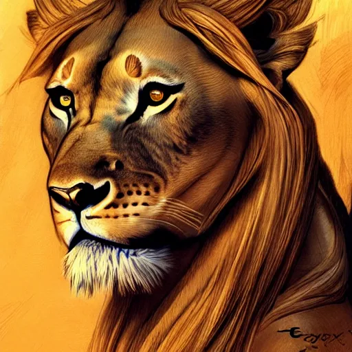 Prompt: highly detailed portrait of a majestic lioness queen in the form of a beautiful woman. d & d. art by eugene delacroix and takeshi obata. trending on artstation, intricate details, energetic composition, golden ratio, concept art, illustration, elegant art, global illuminaition