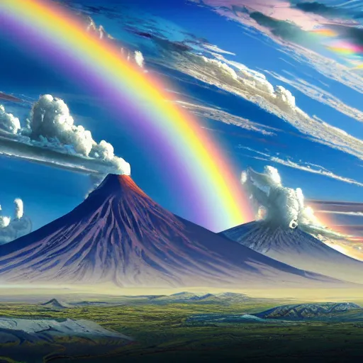 Image similar to a detailed matte painting of noah's ark, double rainbow in a clear blue sky, mount ararat far away in the background, art by dan mumford and yusuke murata and makoto shinkai and ross tran, cosmic, heavenly, god rays, intricate detail, cinematic, 8 k, cel shaded, unreal engine, featured on artstation, pixiv
