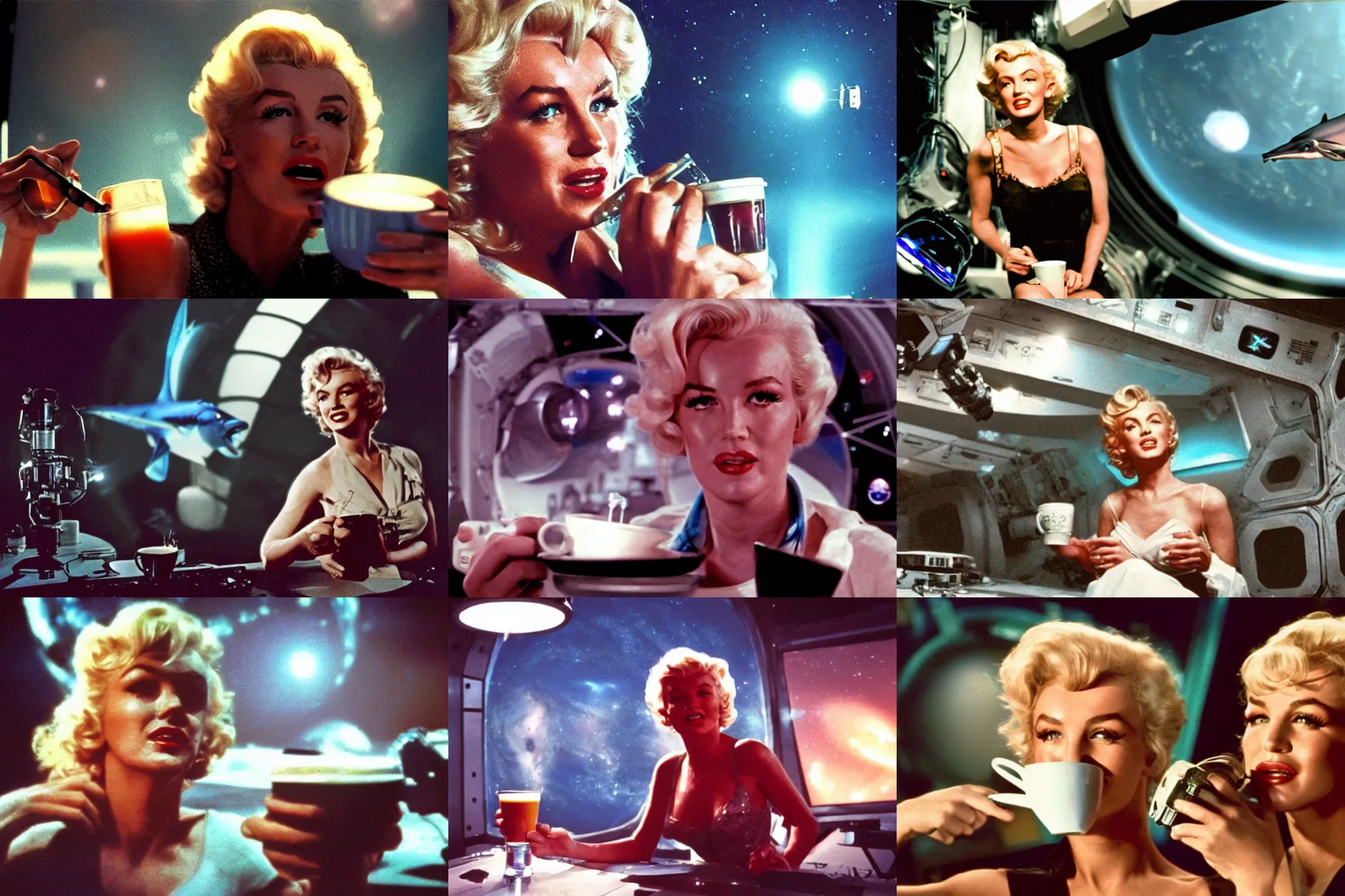 Prompt: A close-up, color cinema film still of a marlin monroe drinking coffee at a space station, sci-fi lighting at night; from Alien(1979)