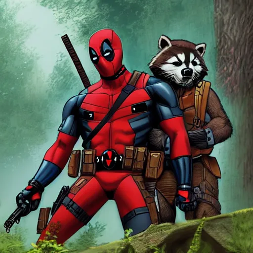 Image similar to deadpool and rocket raccoon in the woods digital art 4 k detailed