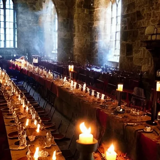 Prompt: feast for hundreds of people. candles, warm ambient light, hogwarts, beautiful, stone walls, hot food, delicious, steaming food on plates, gluttony, digital art, epic. candlelight, firelight, happiness and joy, ghosts flying around, harry potter students, warmth