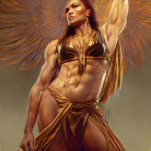 Image similar to jennifer lopez as a heavenly god, upper body, muscular, fantasy, intricate, elegant, highly detailed, digital painting, artstation, concept art, smooth, sharp focus, illustration, art by artgerm and greg rutkowski and alphonse mucha