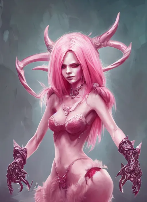 Image similar to a highly detailed illustration of pink haired pale demon girl wearing pink dress wielding claws, dramatic claw pose, intricate, elegant, highly detailed, centered, digital painting, artstation, concept art, smooth, sharp focus, league of legends concept art, wlop.